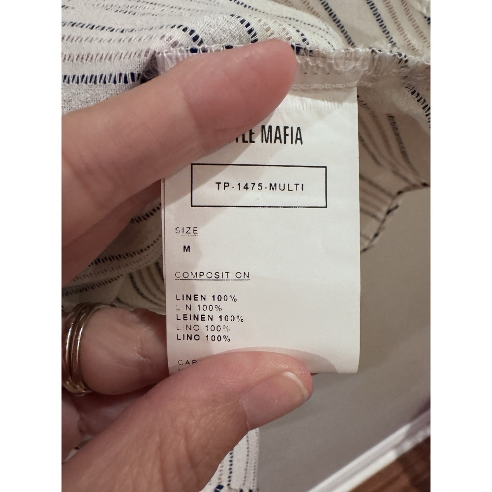 Style Mafia 100% Linen Cottagecore Top Blue White Striped Bow Detail Medium‎ - Picture 5 of 8